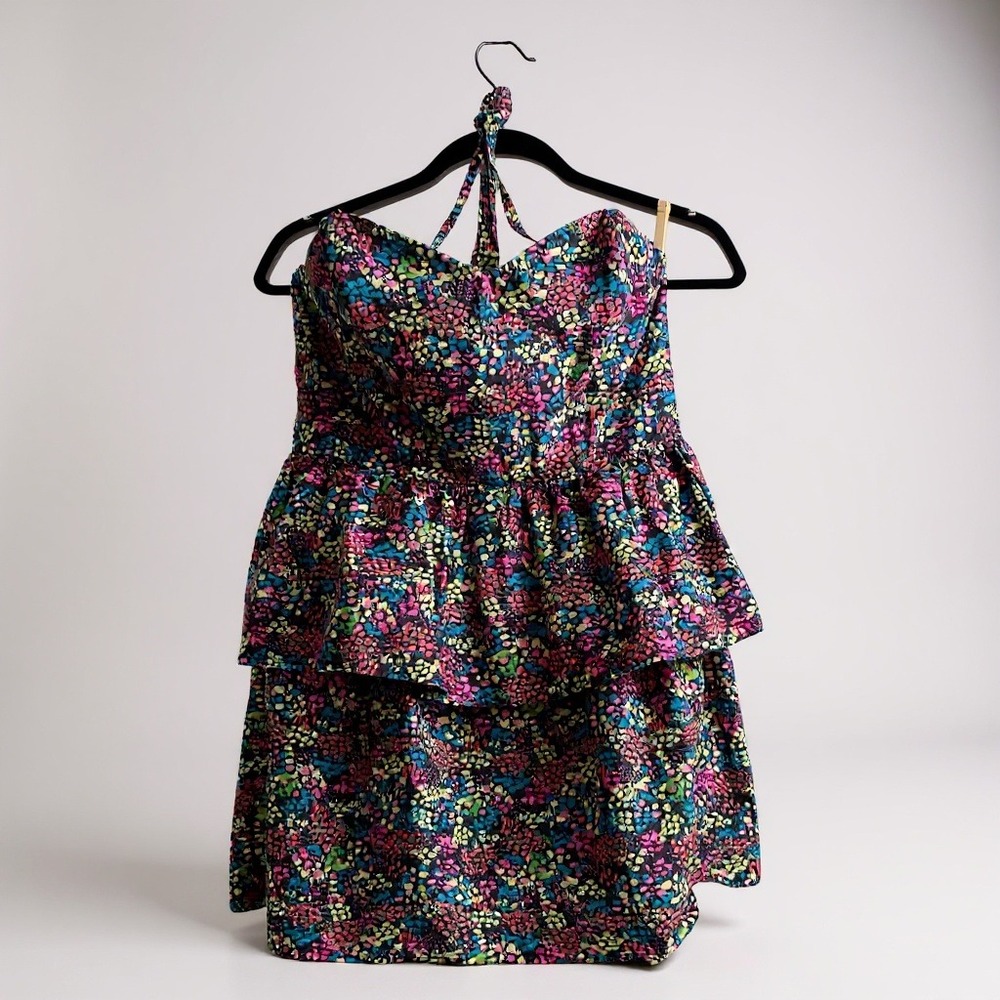 Moda International Mini Dress Tiered Ruffle Halter Sleeveless Colorful‎ Size 10